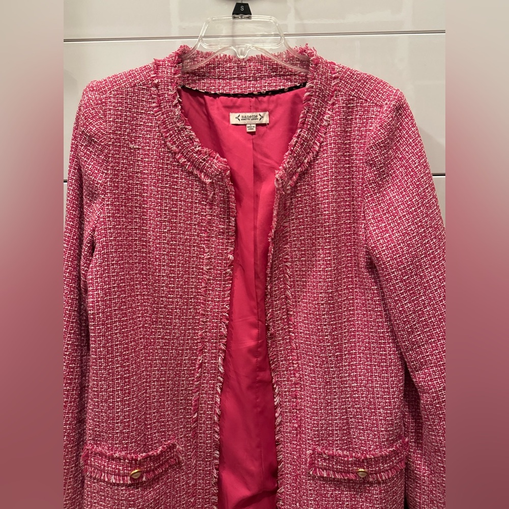 Tweed Bouclé Pink White Jacket Blazer Pearl Buttons Nanette Lepore 🌸💗 - Picture 5 of 10